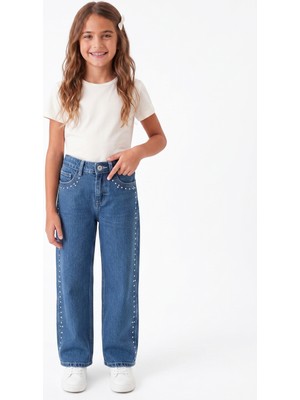 Onloox Kız Çocuk Mavi Pamuklu Denim Boru Paça Regular Kesim Damla Taş Aksesuarlı Jean Pantolon (5-9 Yaş)