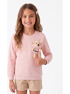Onloox Kız Çocuk Somon Melanj Pamuklu Bisiklet Yaka Tam Kalıp Ayıcık Aksesuarlı Sweatshirt (1.5-3 Yaş)