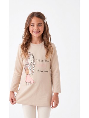 Onloox Kız Çocuk Bej Pamuklu Bisiklet Yaka Uzun Kollu Slim Fit Pullu Baskılı Tunik (3 Yaş)