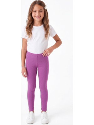 Onloox Kız Çocuk Mor Pamuklu Likralı Örme Penye Regular Fit Düz Renk Basic Tayt (12-14 Yaş)