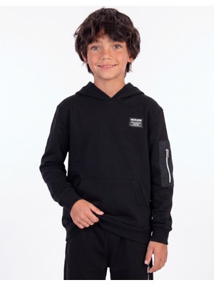 Onloox Erkek Çocuk Siyah Pamuklu Kapüşonlu Uzun Kollu Regular Kalıp Kolu Fermuarlı Sweatshirt (9-11 Yaş)