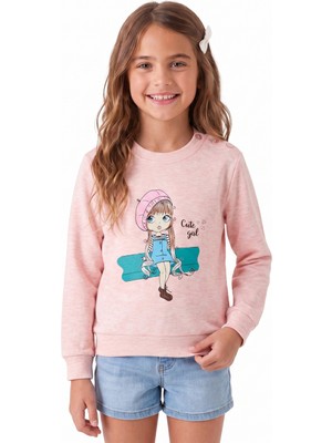 Onloox Kız Somon Melanj Pamuklu Bisiklet Yaka Uzun Kollu Baskılı Omuzu Düğmeli Sweatshirt (1.5-5 Yaş)
