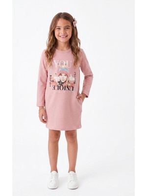 Onloox Kız Çocuk Gülkurusu Pamuklu Bisiklet Yaka Uzun Kollu Slim Fit Baskılı Cepli Tunik Elbise (6-9 Yaş)