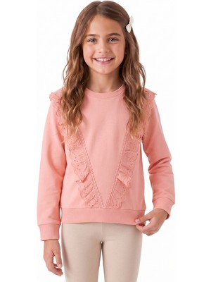 Onloox Kız Çocuk Somon Pamuklu Iki Iplik Bisiklet Yaka Uzun Kollu Regular Güpürlü Sweatshirt (4 Yaş)