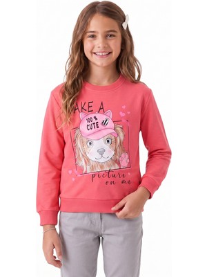 Onloox Kız Çocuk Mercan Pamuklu Bisiklet Yaka Uzun Kollu Regular Köpekcik Baskılı Sweatshirt (3 Yaş)