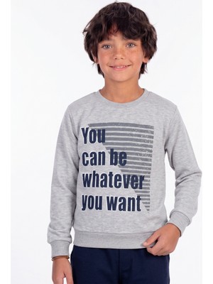 Onloox Erkek Çocuk Koyu Gri Melanj Pamuklu Bisiklet Yaka Regular Yazı Baskılı Sweatshirt (8-9 Yaş)