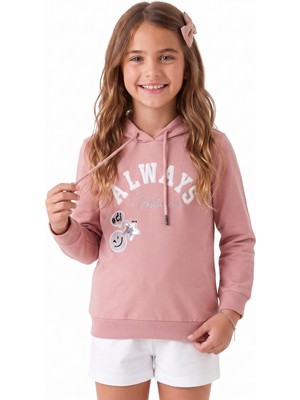 Onloox Kız Çocuk Gülkurusu Pamuklu Kapüşonlu Uzun Kollu Tam Kalıp Pullu Simli Baskılı Sweatshirt (4 Yaş)