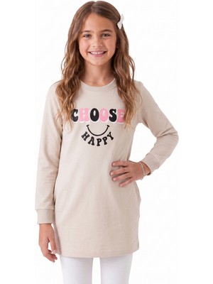 Onloox Kız Çocuk Bej Pamuklu Bisiklet Yaka Uzun Kollu Slim Fit Yazı Baskılı Cepli Tunik (8 Yaş)