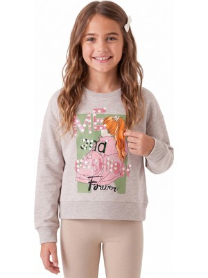 Onloox Kız Çocuk Bej Melanj Pamuklu Bisiklet Yaka Regular Pullu Baskılı Sweatshirt (8-9 Yaş)