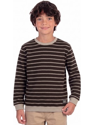 Onloox Erkek Çocuk Koyu Kahve Pamuklu Bisiklet Yaka Regular Fit Armalı Çizgili Sweatshirt (4-6 Yaş)