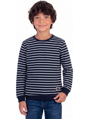 Onloox Erkek Çocuk Lacivert Pamuklu Bisiklet Yaka Regular Kalıp Arma Detaylı Çizgili Sweatshirt (4-7 Yaş)