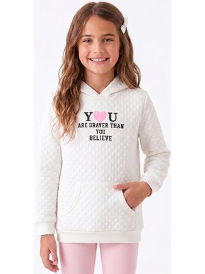 Onloox Kız Çocuk Ekru Kapitone Pamuklu Kapüşonlu Uzun Kollu Nakışlı Kanguru Cep Sweatshirt (8-14 Yaş)