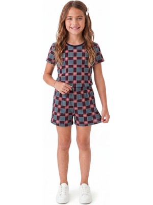 Onloox Kız Karışık Renk Pamuklu Bisiklet Yaka Tam Kalıp Ekose Desenli Şortlu Pijama Takımı (11-12 Yaş)