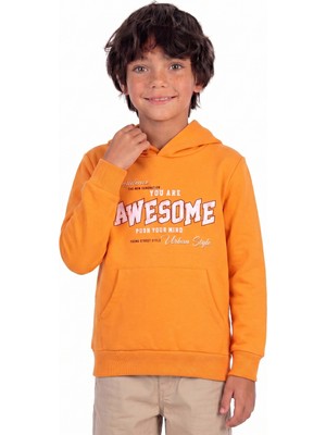 Onloox Erkek Çocuk Hardal Sarı Pamuklu Kapüşonlu Regular Kalıp Baskılı Kanguru Cepli Sweatshirt (10 Yaş)