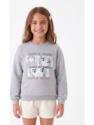 Onloox Kız Çocuk Gri Melanj Pamuklu Bisiklet Yaka Tam Kalıp Şaşkın Kız Baskılı Sweatshirt (9-10 Yaş)