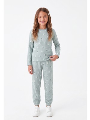 Onloox Kız Su Yeşili Müslin Pamuklu Bisiklet Yaka Uzun Kollu Papatya Desenli Pijama Takımı (9-10 Yaş)
