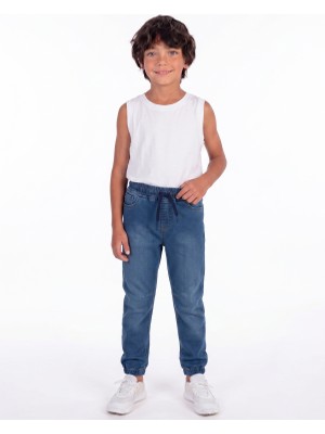 Onloox Erkek Çocuk Mavi Pamuklu Jean Lastikli Paça Regular Fit Beli Bağcıklı Cepli Pantolon (7-8 Yaş)