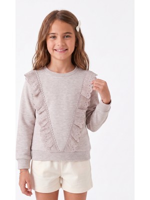 Onloox Kız Çocuk Bej Melanj Pamuklu Bisiklet Yaka Uzun Kollu Regular Güpürlü Sweatshirt (4 Yaş)