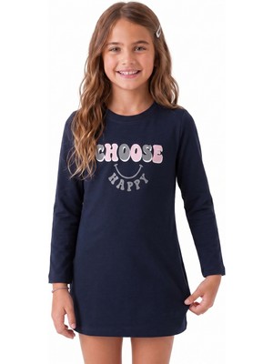 Onloox Kız Çocuk Lacivert Pamuklu Bisiklet Yaka Uzun Kollu Slim Fit Yazı Baskılı Tunik (8 Yaş)