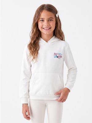 Onloox Kız Çocuk Ekru Pamuklu Kapüşonlu Uzun Kollu Tam Kalıp Kanguru Cepli Güpürlü Sweatshirt (3 Yaş)