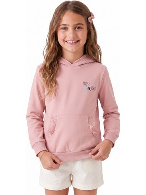 Onloox Kız Çocuk Gülkurusu Pamuklu Kapüşonlu Uzun Kollu Tam Kalıp Güpürlü Baskılı Sweatshirt (3 Yaş)