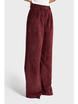 It's Basic Kadın Bordo Renk W5-35 Süper Palazzo Fit Pileli Kalın Fitilli Velvet Kadife Kumaş Pantolon