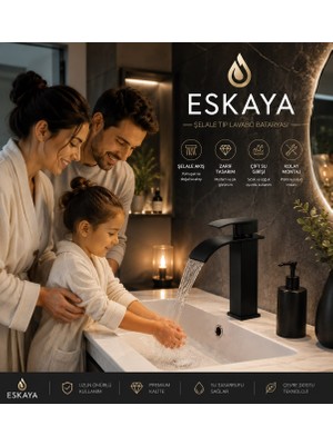 Eshome Lüx Kare Lavabo Bataryası Mat Siyah – Şelale Akışlı Kare Gövde Modern Banyo Musluğu