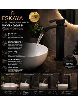 ESHOME Kare Çanak Lavabo Bataryası Mat Siyah – Yüksek Musluk Şelale Akışlı Kare Gövde Modern Uzun Banyo Musluğu