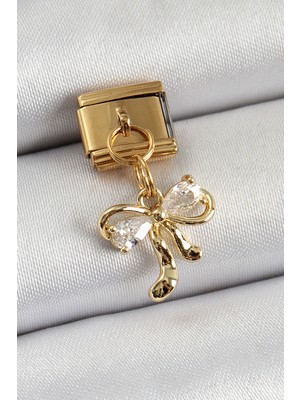 Die Grup 316L Çelik Sallantılı Zirkon Taşlı Fiyonk Model Gold Renk Nomination Charm