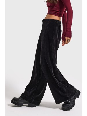 It's Basic Kadın Siyah W5-1 Palazzo Fit Velvet Kadife Kumaş Pantolon