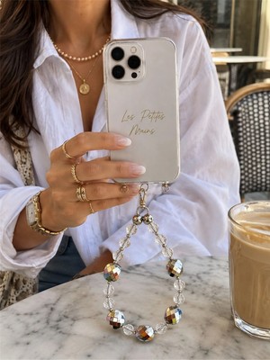 LES PETITES MAINS Iconic Şeffaf Kristal Rengarenk Damalı Telefon Askısı, Boncuklu Telefon Charmı ve Çanta Aksesuarı
