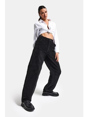 It's Basic Kadın Siyah Renk 26W41 Ince Fitilli Kadife Kumaş Skater Fit Pantolon