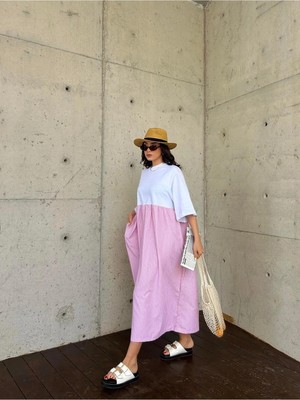 Minaaise Kadın Pembe Üstü Penye Altı Çizgili Dokuma Kumaş Uzun Oversize Elbise 29169