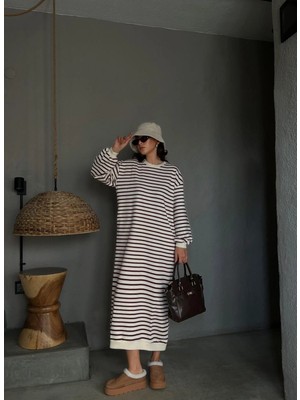 Minaaise Kadın Bordo Çizgili 3 İplik Şardonsuz Uzun Oversize Elbise 28288