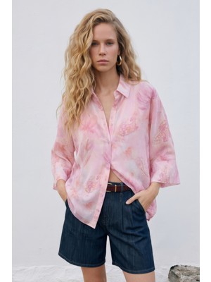 Sateen Yarasa Kol Desenli Ince Gömlek - Pembe