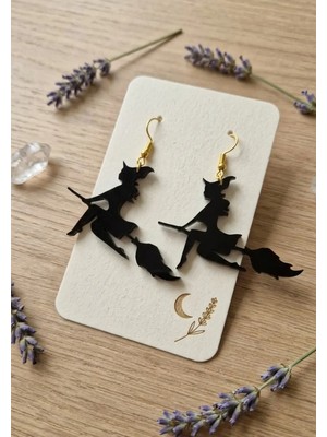 Kanem3D Cadılar Bayramı Sevimli Cadı Küpe - Lazer Kesim Siyah Pleksi Halloween Takısı (5x3.5 Cm)