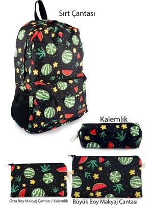Belirtilmemiş 4'lü Set Meyve Karpuz Desenli Sırt Çantası Kalemlik Makyaj Çantası Büyük Boy Makyaj Çantası