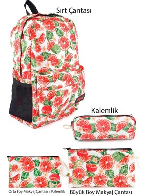 Belirtilmemiş 4'lü Set Meyve Portakal Desenli Sırt Çantası Kalemlik Makyaj Çantası Büyük Boy Makyaj Çantası