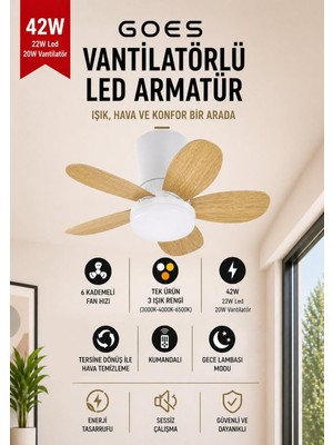 Belirtilmemiş 42W Tavan Vantilatörü LED Avize Armatür 64CM 5 Kanat 6 Kademeli Fan Terse Dönüş Gece Lambası Mod
