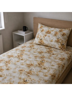 Freyja Home %100 Pamuk Tek Kişilik Çarşaf Takımı | Bej Ayıcık Gülleri