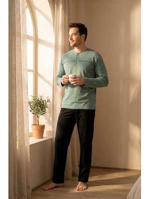 Morro Erkek Pijama Takımı Uzun Kollu Düğmeli Yaka Cepli Çizgili Alt Compact Penye Pamuklu Ev Giyim Eşofman Takımı