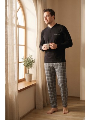 Morro Erkek Pijama Takımı Uzun Kollu Düğmeli Yaka Cepli Çizgili Alt Compact Penye Pamuklu Ev Giyim Eşofman Takımı
