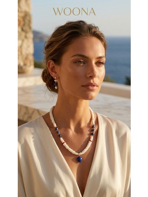 Woona Mercan Taşı & Lapis Lazuli Taşı Premium Aa Kalite Doğal Taş El Yapımı Kolye Küpe Set