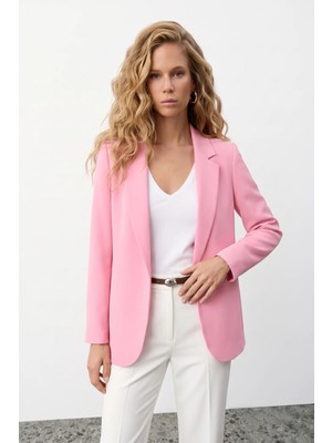 Sateen Klasik Yaka Uzun Ceket - Pembe