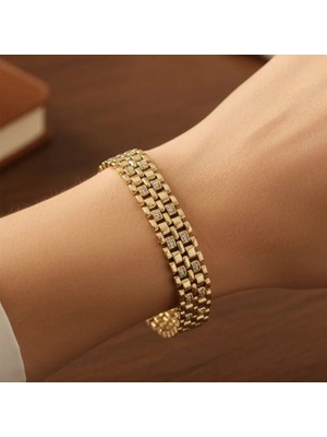 Xupıng Jewelry 14 Ayar Altın Kaplama, Hasır Ortası Zirkon Taşlı Bileklik