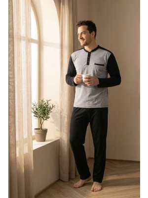 Morro Erkek Pijama Takımı Uzun Kollu Düğmeli Yaka Cepli Çizgili Alt Compact Penye Pamuklu Ev Giyim Eşofman Takımı