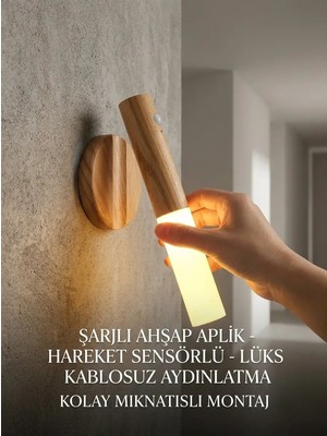 Eco Lounge Günışığı LED Şarjlı Duvar Aplik Ahşap Renk Hareket Sensörlü Kablosuz Lüks Lamba Modeli