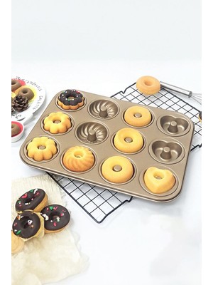 Empressco Karbon Çelik 12'li Çiçek ve Kalp Şekilli Donut Kek Kalıbı