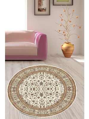 Belirtilmemiş Pelangi Bej Çiçek Desenli Kaymaz Taban Yuvarlak Halı, Bej 60 x 60