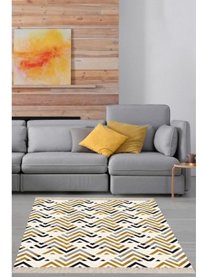 Belirtilmemiş Pelangi Geometrik Zigzag Desenli Dijital Baskı Yıkanabilir Kaymaz Taban Klasik Salon Halısı, Hardal